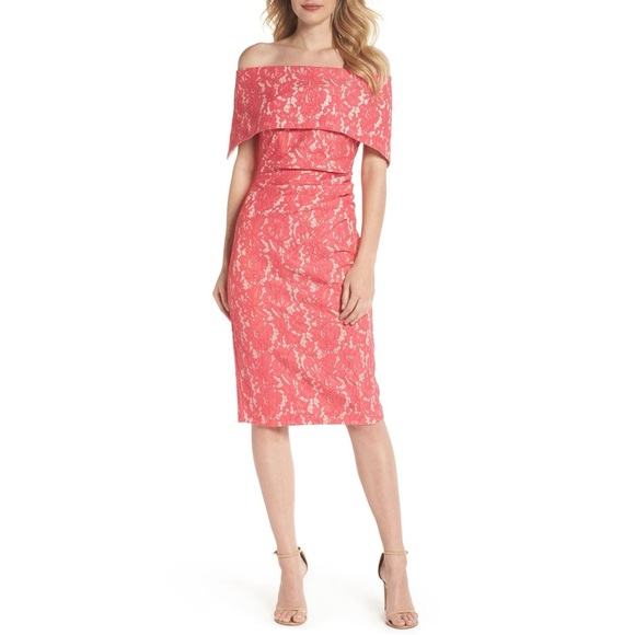 Vince Camuto Off The Shoulder Fuchsia Lace Sheath Dress